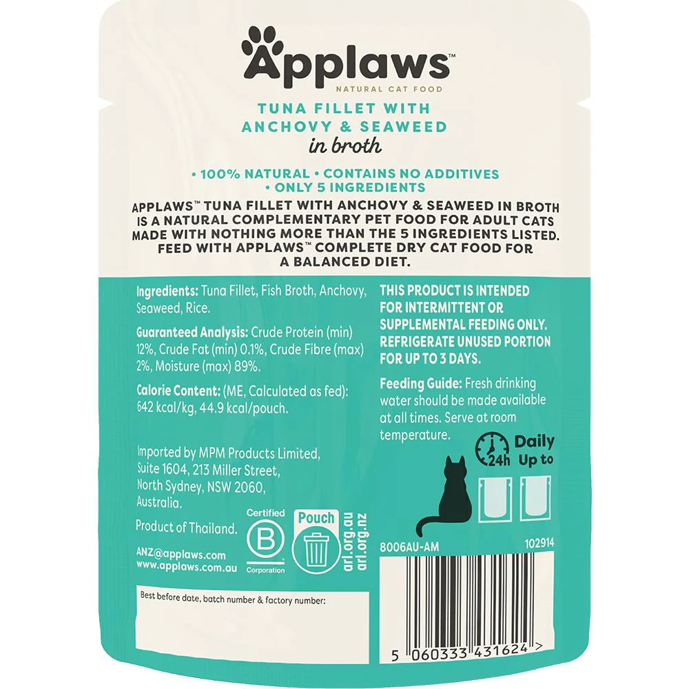 Applaws Natural Tuna Fillet with Anchovy in Broth Pouch Wet Cat Food - Image 3
