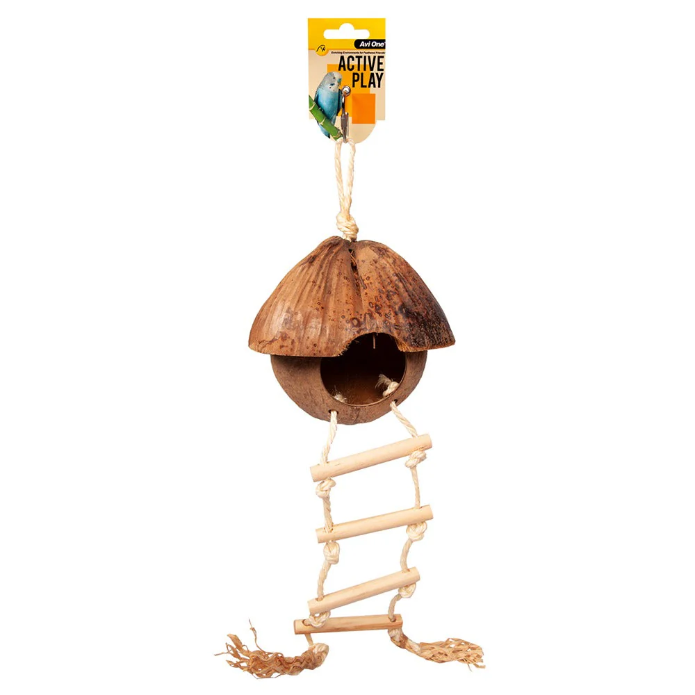 Avi One Bird Toy Coconut Hut with Ladder - Image 2