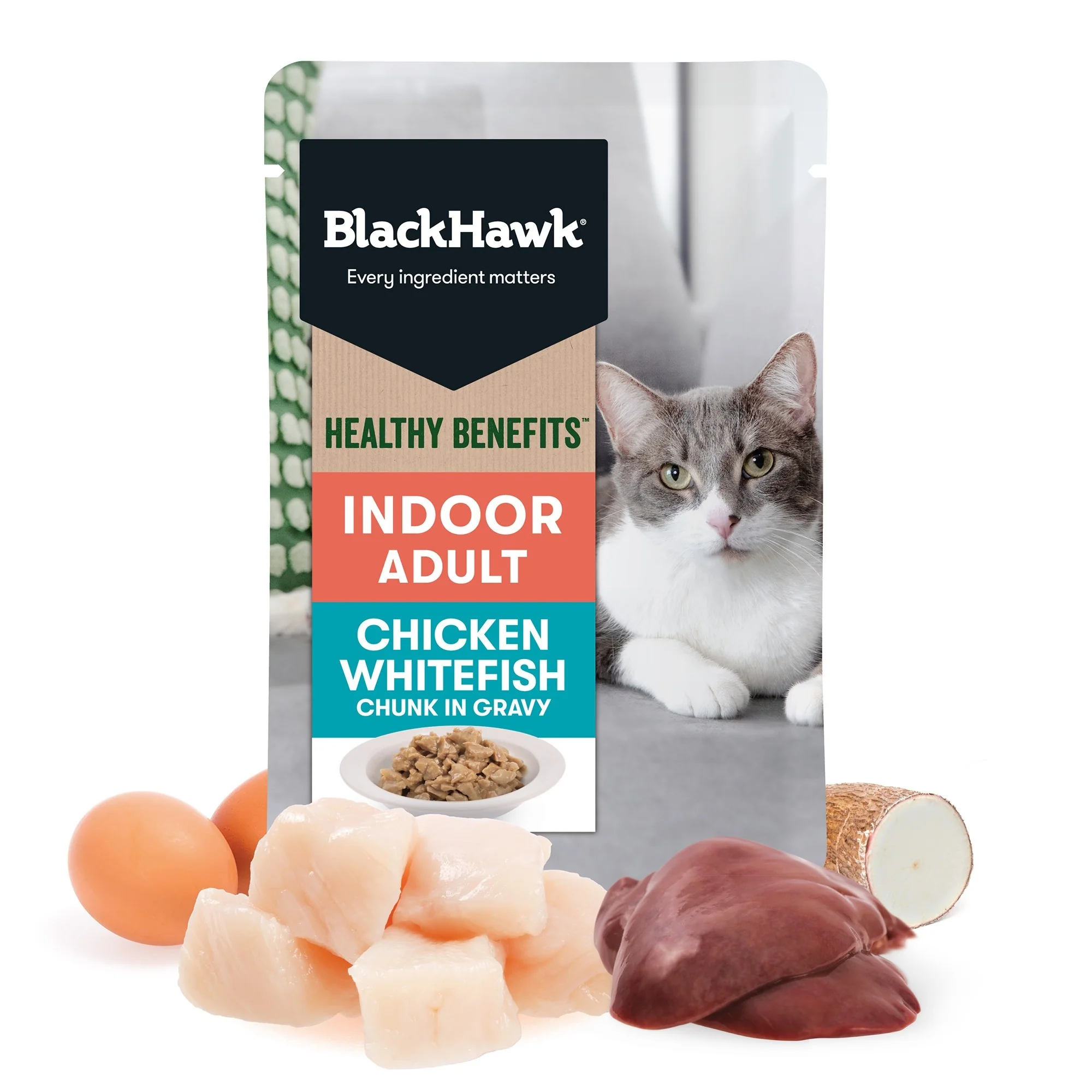 Black Hawk Healthy Benefits Indoor Chicken Whitefish in Gravy Wet Cat Food - Image 12