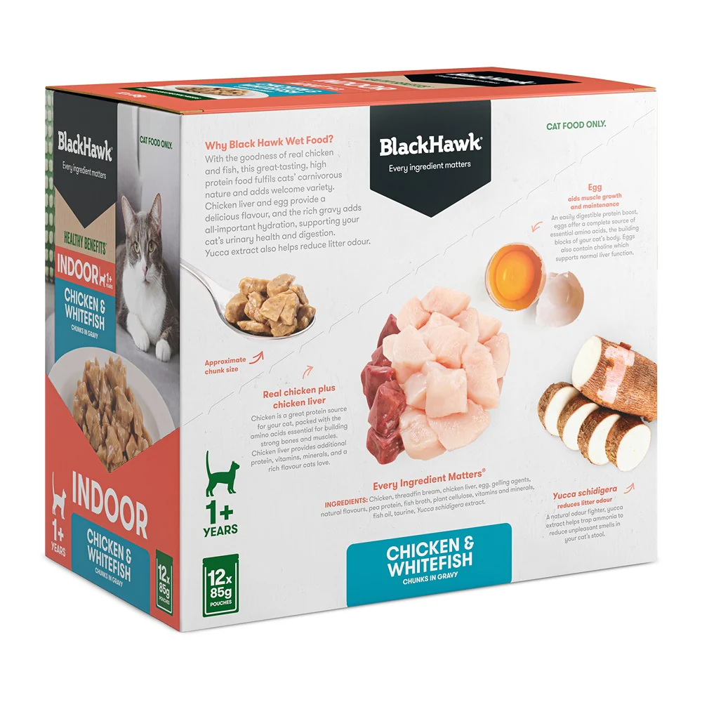 Black Hawk Healthy Benefits Indoor Chicken Whitefish in Gravy Wet Cat Food - Image 4