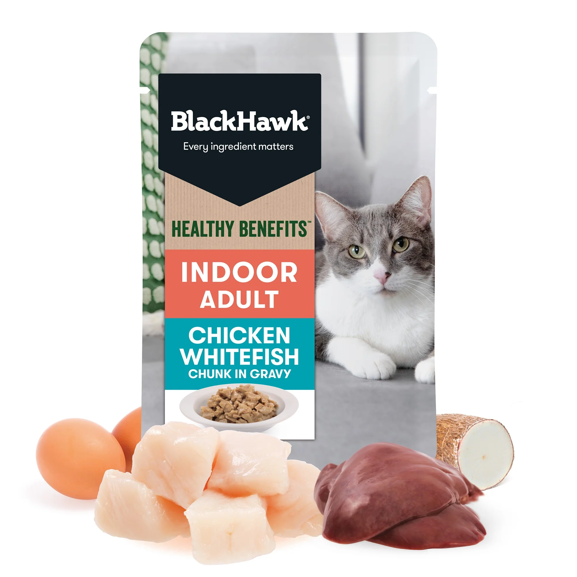 Black Hawk Healthy Benefits Indoor Chicken Whitefish in Gravy Wet Cat Food - Image 9
