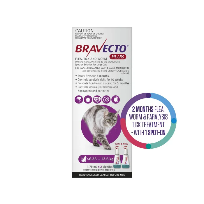 Bravecto Plus Flea, Tick & Worming Treatment 6.25-12.5kg Cat - Image 2