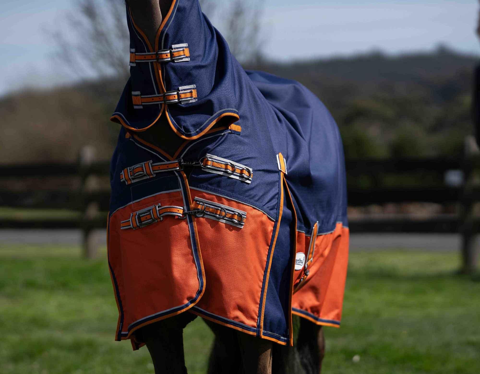 Caribu Eclipse Combo Horse Rainsheet Navy Kumquat - Image 63