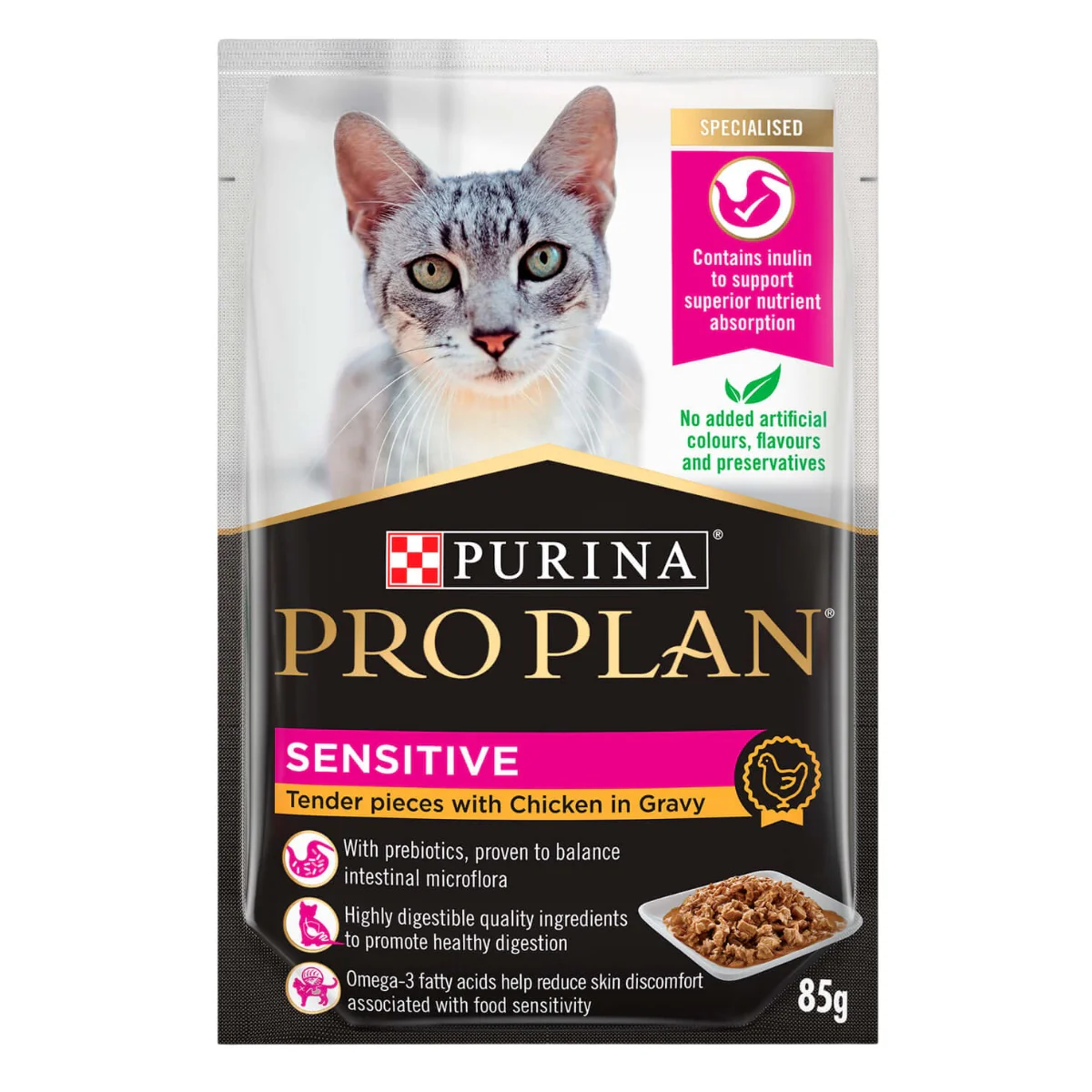 Pro Plan Sensitive Adult Chicken Gravy Pouch Wet Cat Food 85G - Image 4