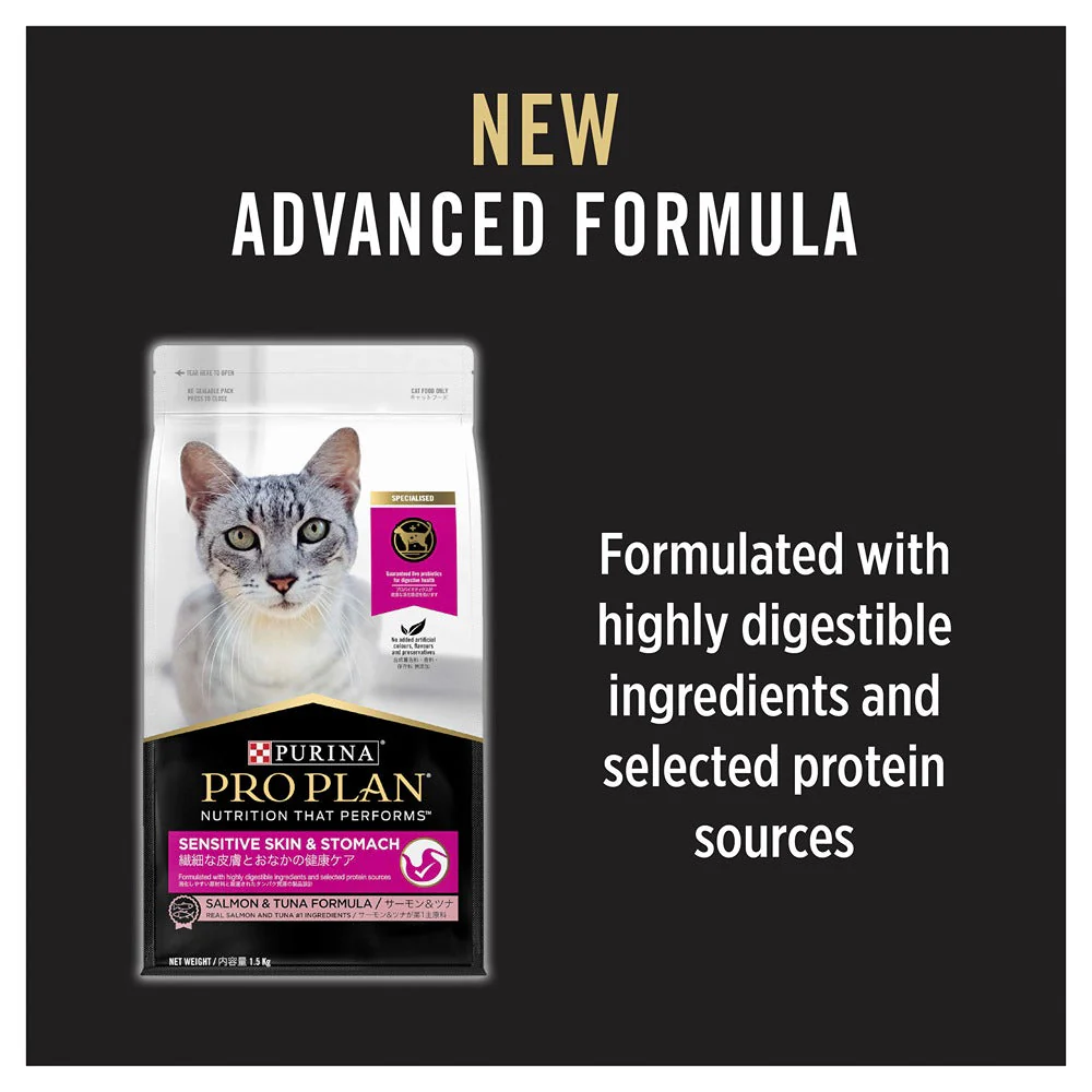 Pro Plan Sensitive Skin & Stomach Salmon & Tuna Formula Dry Cat Food 1.5kg - Image 14