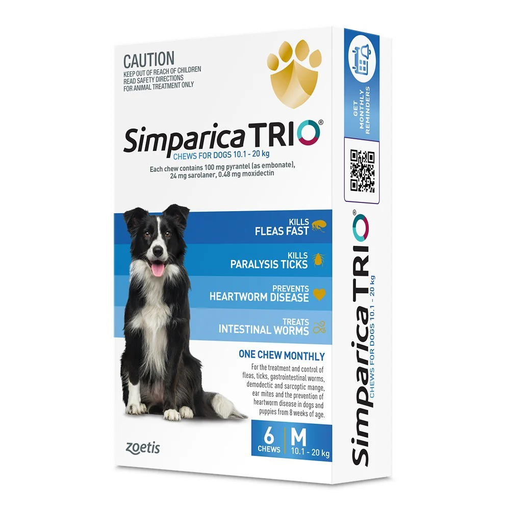 Simparica Trio Medium Breed 10.1-20kg Flea, Tick & Worming Dog Chews - Image 6