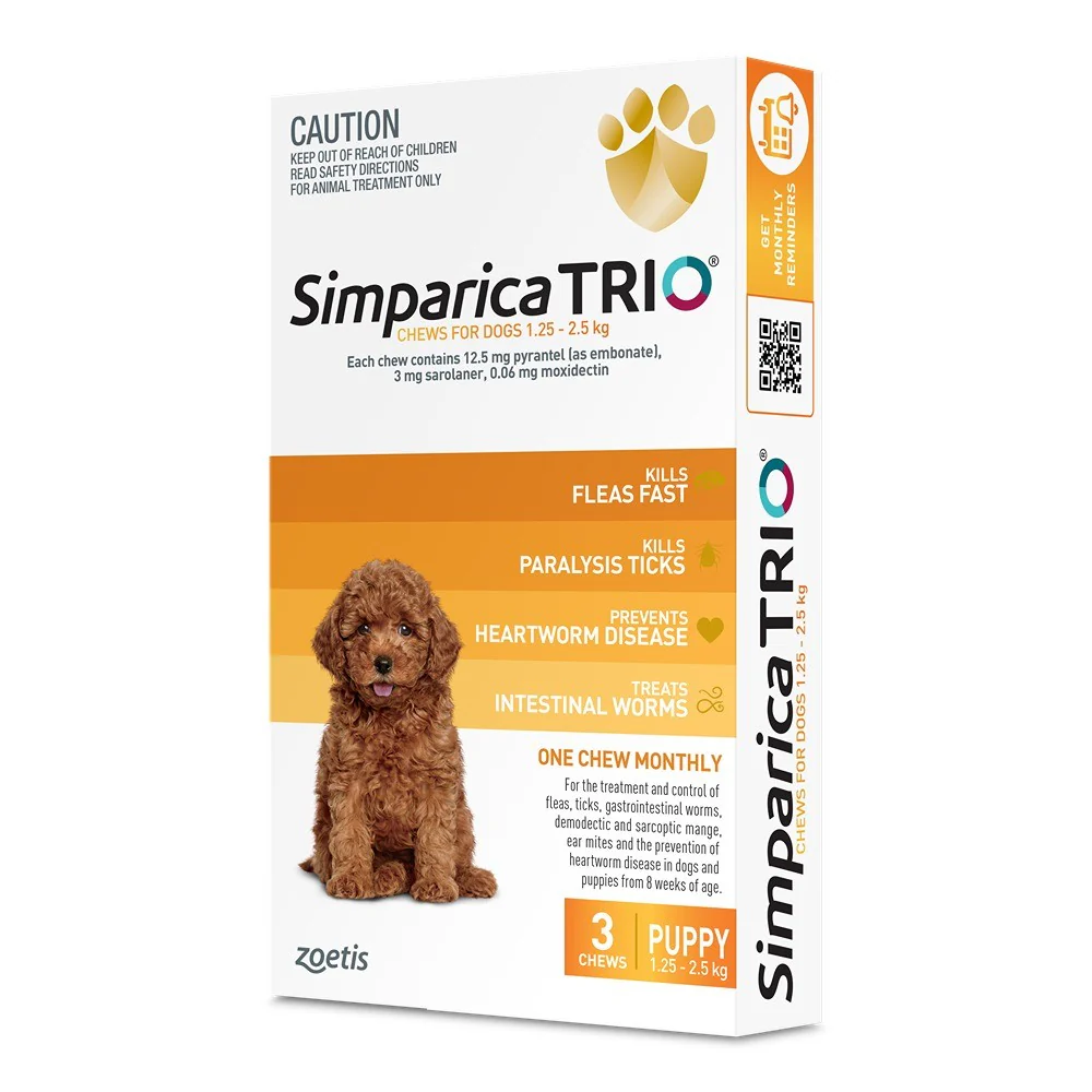 Simparica TRIO Yellow Flea, Tick & Worm Chews 1.25-2.5kg Dog 3pk - Image 3